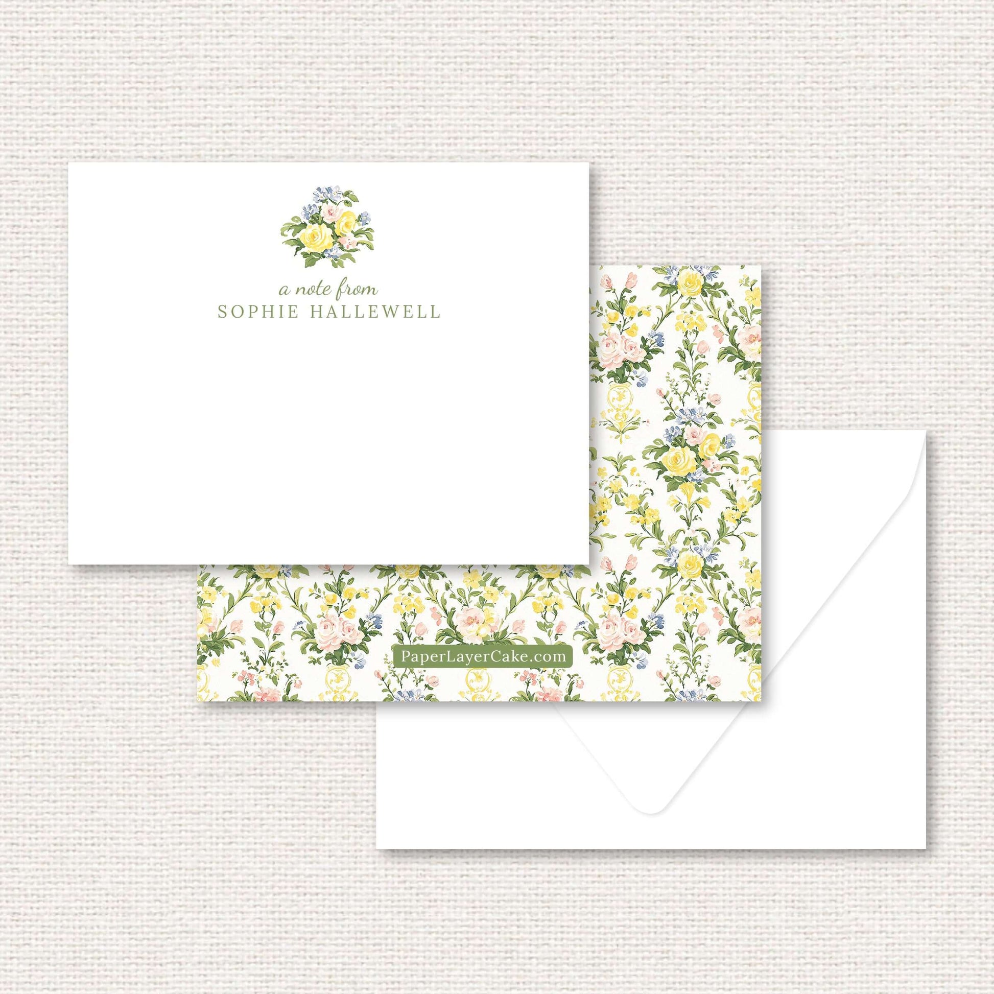 The Penelope Suite personalized flat note, a grand-millennial pattern of yellow, blue, and pink rose damask