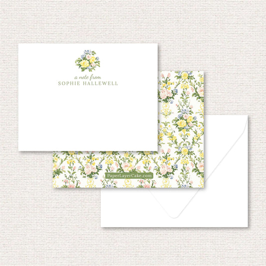 The Penelope Suite personalized flat note, a grand-millennial pattern of yellow, blue, and pink rose damask