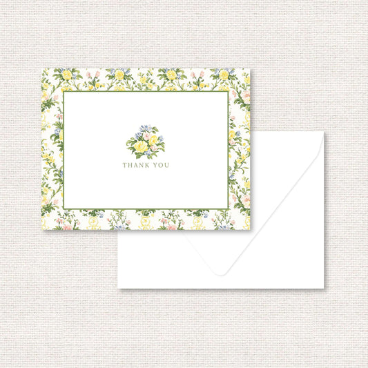 The Penelope Suite thank you card, a grand-millennial pattern of yellow, blue, and pink rose damask