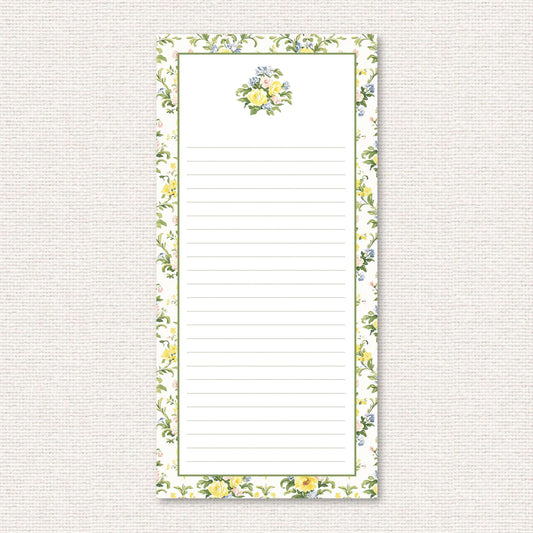 The Penelope Suite list pad, a grand-millennial pattern of yellow, blue, and pink rose damask