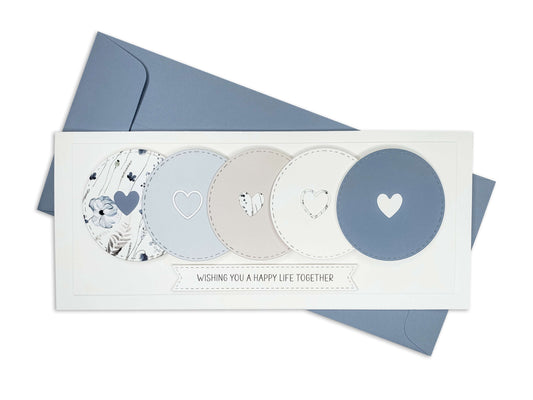 Wedding Card that says "Wishing  you a happy life together" with 5 complimentary circles with hearts in the middle of each in shades of blue and taupe