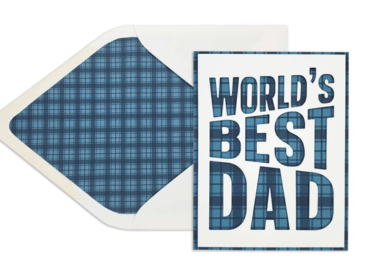 World's Best Dad Father's Day card, die cut white card stock with blue flannel background